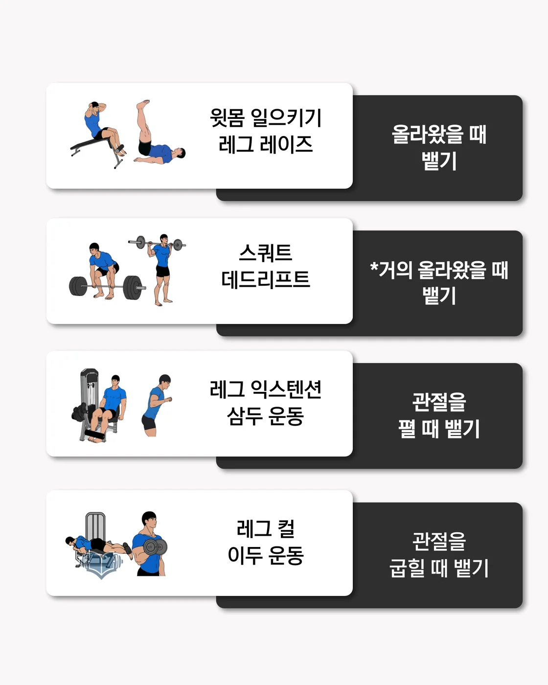 하체와 복근 운동에서의 호흡 타이밍을 정리한 이미지