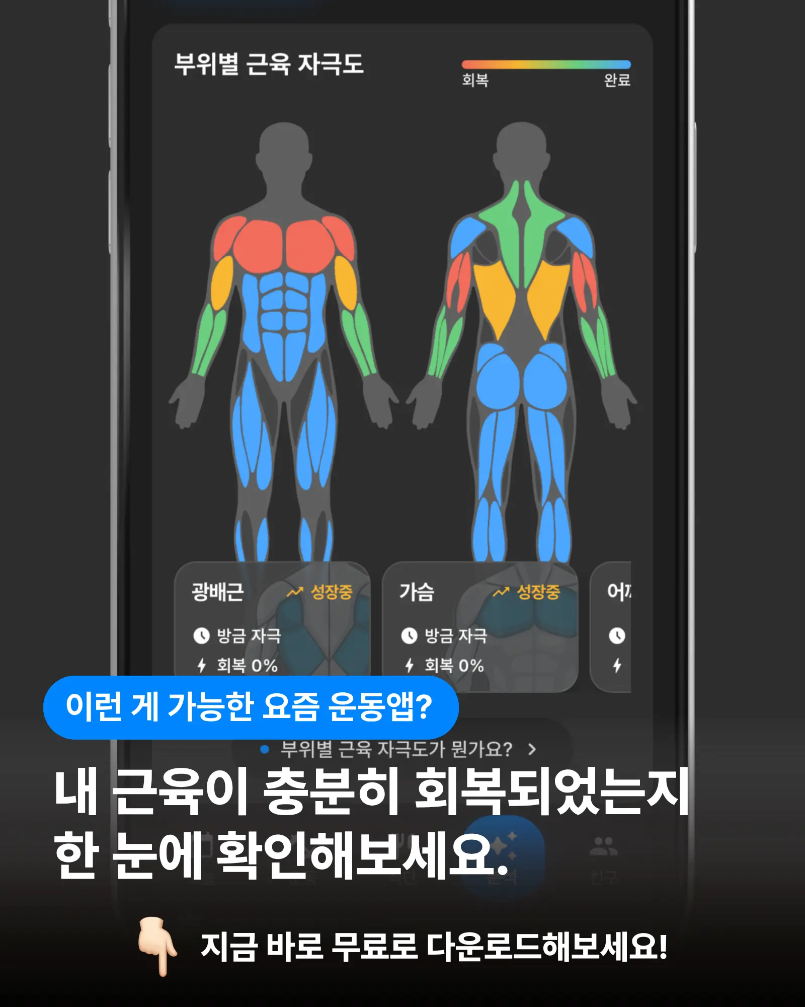 부위별 근육 자극도를 한눈에 확인할 수 있는 애슬로직 앱 화면